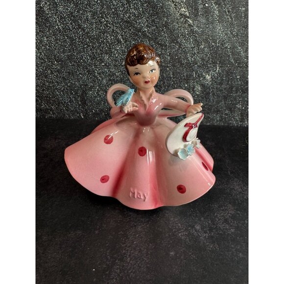 Vintage Lefton "May" Girl Porcelain Figurine 4.5"x4" Pink Dress With Hat & Blueb - Picture 2 of 8